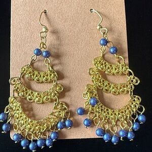 Vintage Gold Blue Beaded Chandelier Earrings Boho Dangle 2”